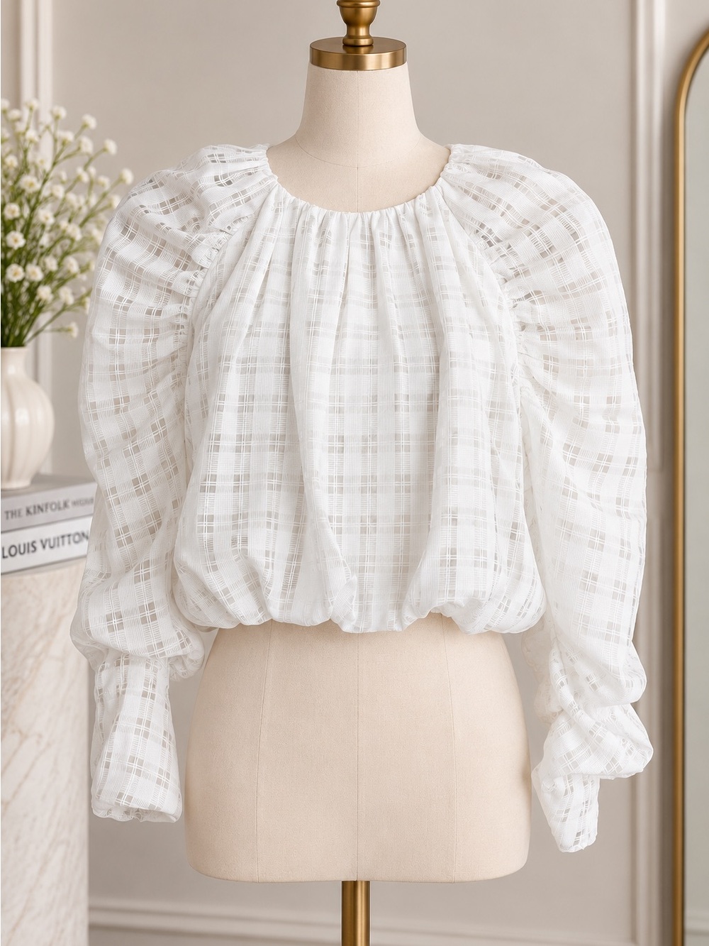 Storia White Plaid Puff-Sleeve Blouse